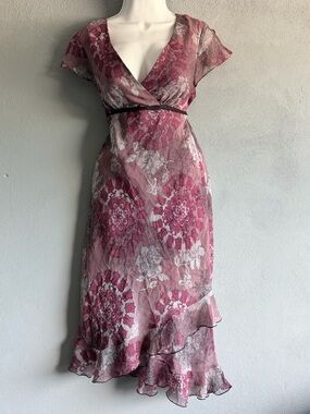 DBY Pink Floral Sheer Ruffle Midi Dress Size 11/12